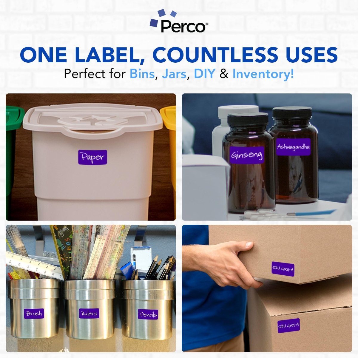 Perco 1x2 Inch Sticker Labels with Easy Peel Perforation—500 Stickers Per Roll — Strong Adhesion, Vibrant Colors for Folders, Barcodes, Jars & Bins in Office, Mailing, Inventory & Crafting—Made in USA - Purple
