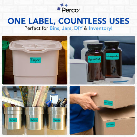 Perco 1x2 Inch Sticker Labels with Easy Peel Perforation—500 Stickers Per Roll — Strong Adhesion, Vibrant Colors for Folders, Barcodes, Jars & Bins in Office, Mailing, Inventory & Crafting—Made in USA - Teal