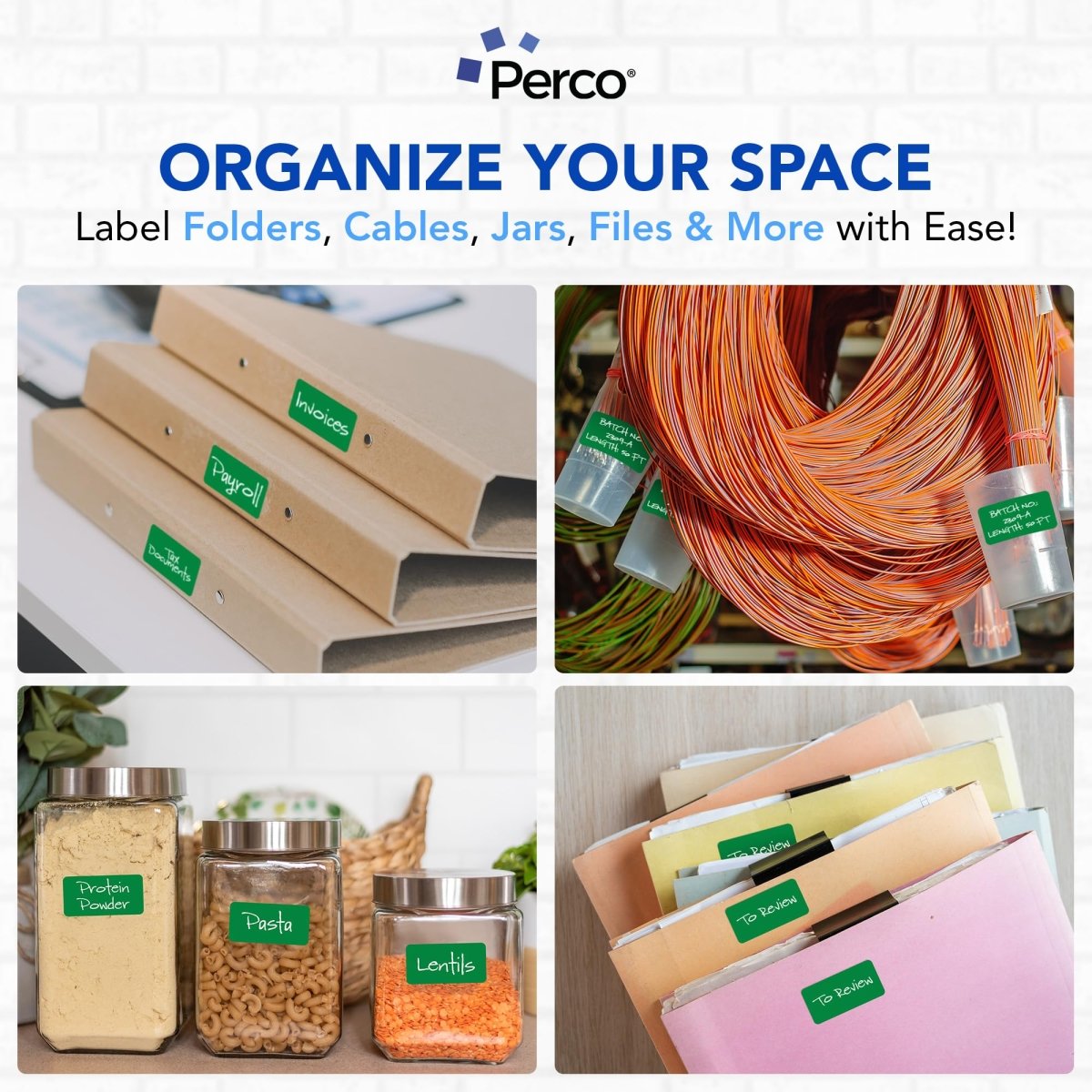 Perco 1x2 Inch Sticker Labels with Easy Peel Perforation—500 Stickers Per Roll — Strong Adhesion, Vibrant Colors for Folders, Barcodes, Jars & Bins in Office, Mailing, Inventory & Crafting—Made in USA - Green