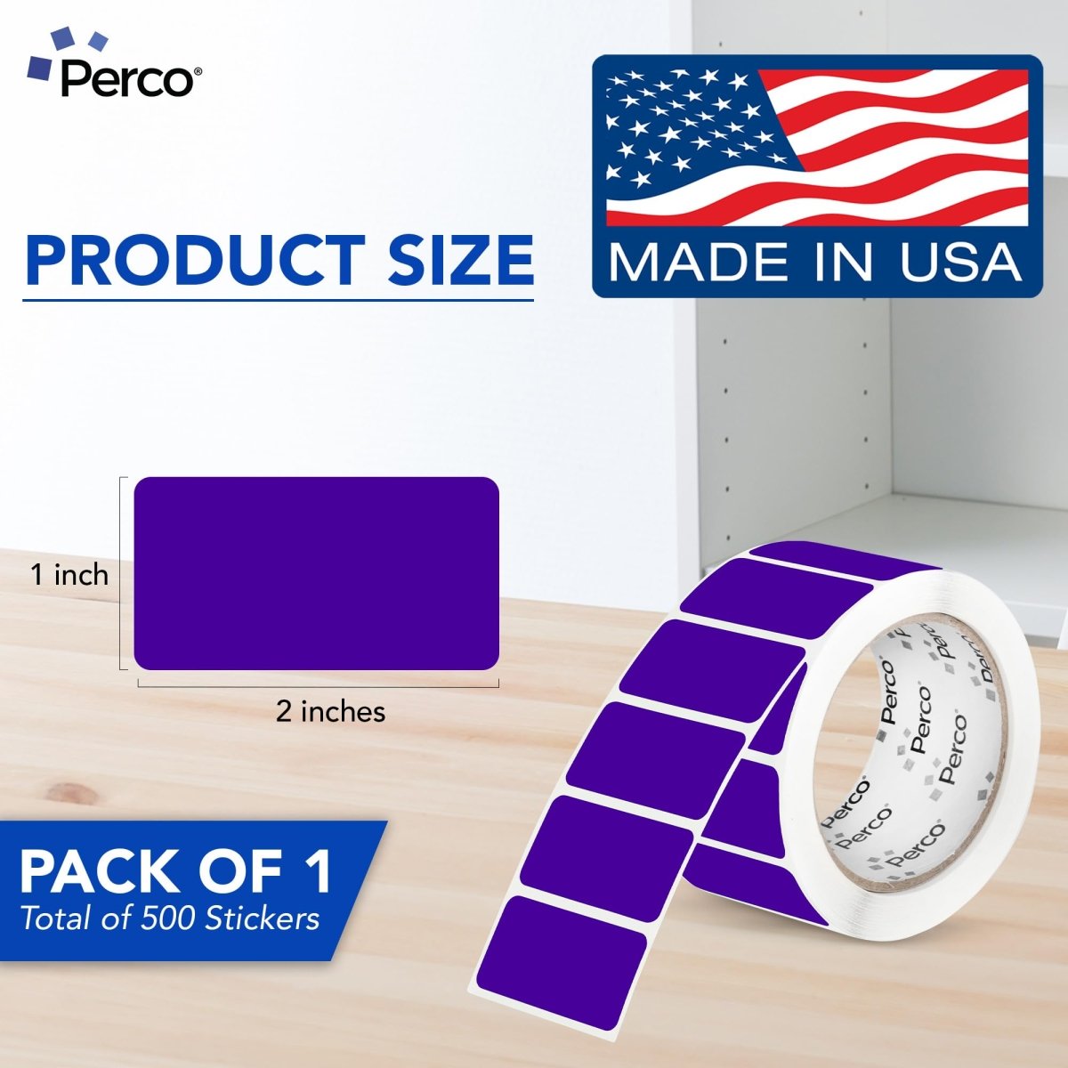Perco 1x2 Inch Sticker Labels with Easy Peel Perforation—500 Stickers Per Roll — Strong Adhesion, Vibrant Colors for Folders, Barcodes, Jars & Bins in Office, Mailing, Inventory & Crafting—Made in USA - Purple