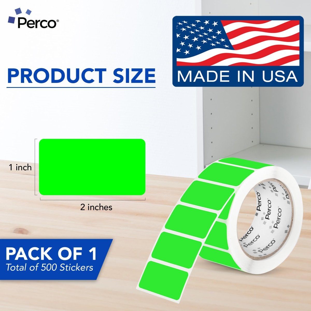 Perco 1x2 Inch Sticker Labels with Easy Peel Perforation—500 Stickers Per Roll — Strong Adhesion, Vibrant Colors for Folders, Barcodes, Jars & Bins in Office, Mailing, Inventory & Crafting—Made in USA - Fluorescent Green