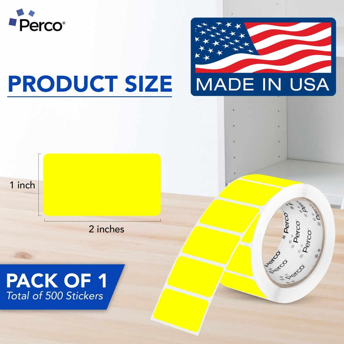 Perco 1x2 Inch Sticker Labels with Easy Peel Perforation—500 Stickers Per Roll — Strong Adhesion, Vibrant Colors for Folders, Barcodes, Jars & Bins in Office, Mailing, Inventory & Crafting—Made in USA - Fluorescent Yellow