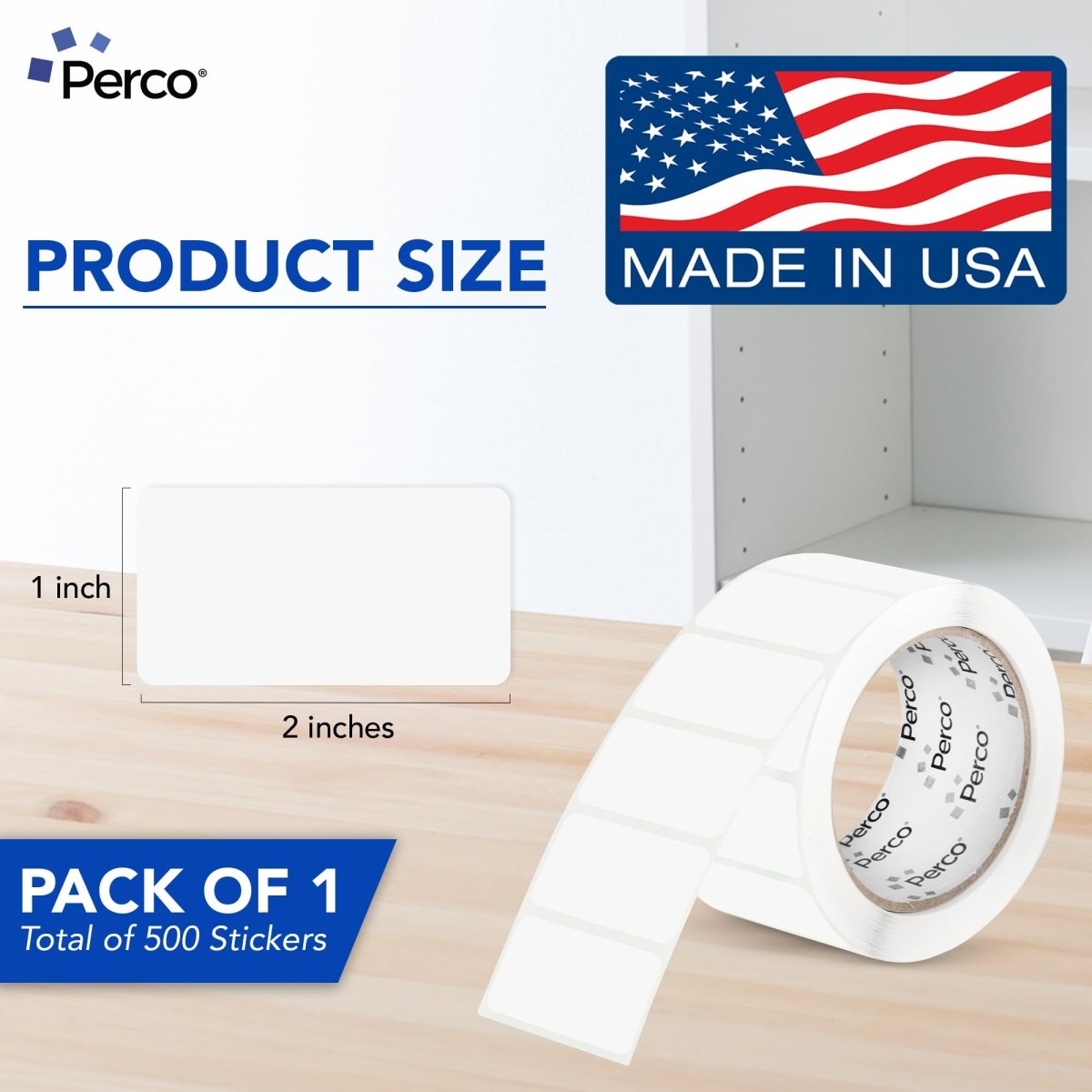 Perco 1x2 Inch Sticker Labels with Easy Peel Perforation—500 Stickers Per Roll — Strong Adhesion, Vibrant Colors for Folders, Barcodes, Jars & Bins in Office, Mailing, Inventory & Crafting—Made in USA - Clear