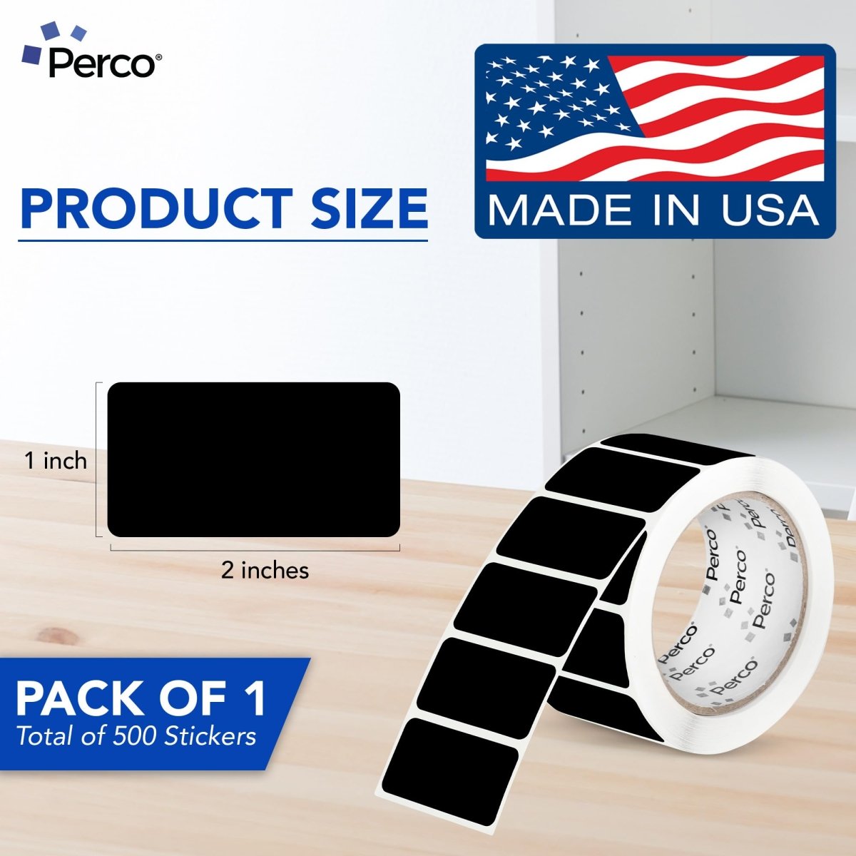 Perco 1x2 Inch Sticker Labels with Easy Peel Perforation—500 Stickers Per Roll — Strong Adhesion, Vibrant Colors for Folders, Barcodes, Jars & Bins in Office, Mailing, Inventory & Crafting—Made in USA - Black