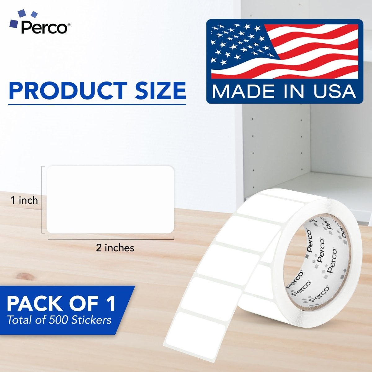 Perco 1x2 Inch Sticker Labels with Easy Peel Perforation—500 Stickers Per Roll — Strong Adhesion, Vibrant Colors for Folders, Barcodes, Jars & Bins in Office, Mailing, Inventory & Crafting—Made in USA - White