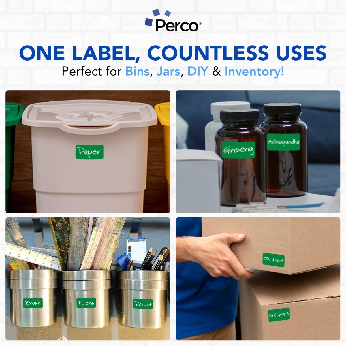 Perco 1x2 Inch Sticker Labels with Easy Peel Perforation—500 Stickers Per Roll — Strong Adhesion, Vibrant Colors for Folders, Barcodes, Jars & Bins in Office, Mailing, Inventory & Crafting—Made in USA - Green