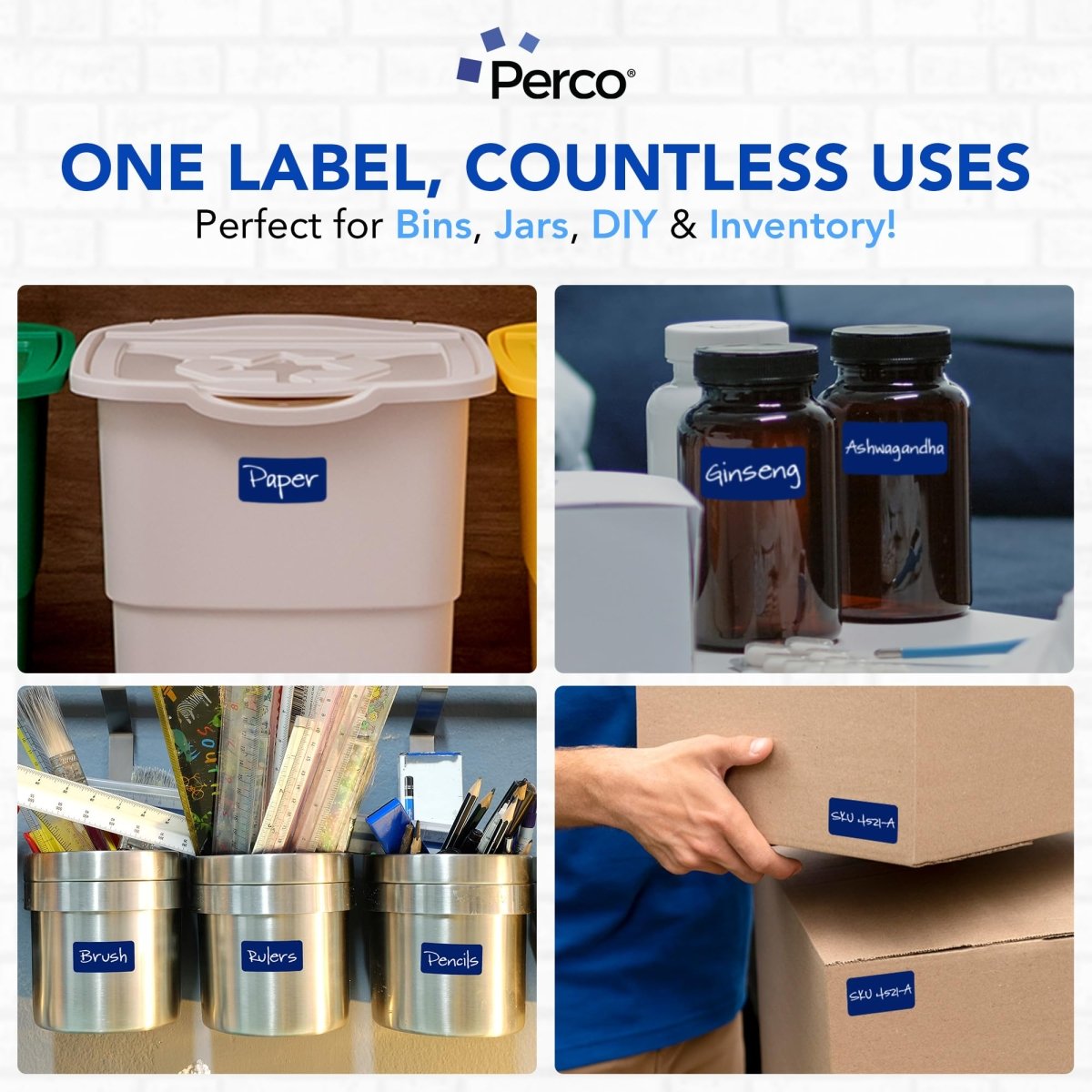 Perco 1x2 Inch Sticker Labels with Easy Peel Perforation—500 Stickers Per Roll — Strong Adhesion, Vibrant Colors for Folders, Barcodes, Jars & Bins in Office, Mailing, Inventory & Crafting—Made in USA - Dark Blue
