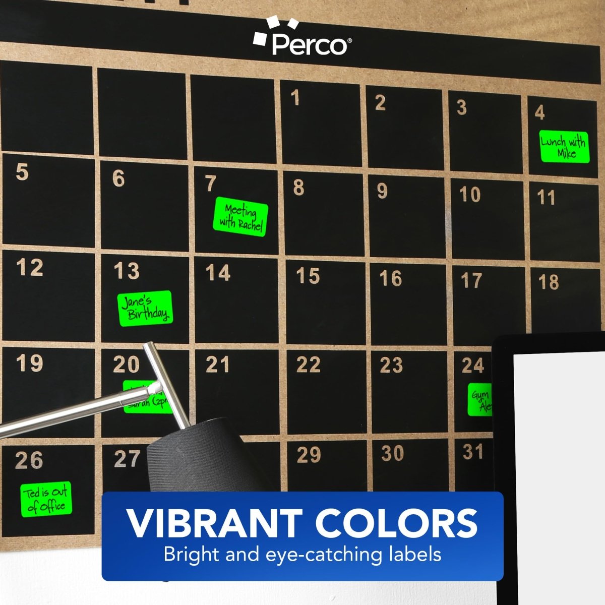 Perco 1x2 Inch Sticker Labels with Easy Peel Perforation—500 Stickers Per Roll — Strong Adhesion, Vibrant Colors for Folders, Barcodes, Jars & Bins in Office, Mailing, Inventory & Crafting—Made in USA - Fluorescent Green