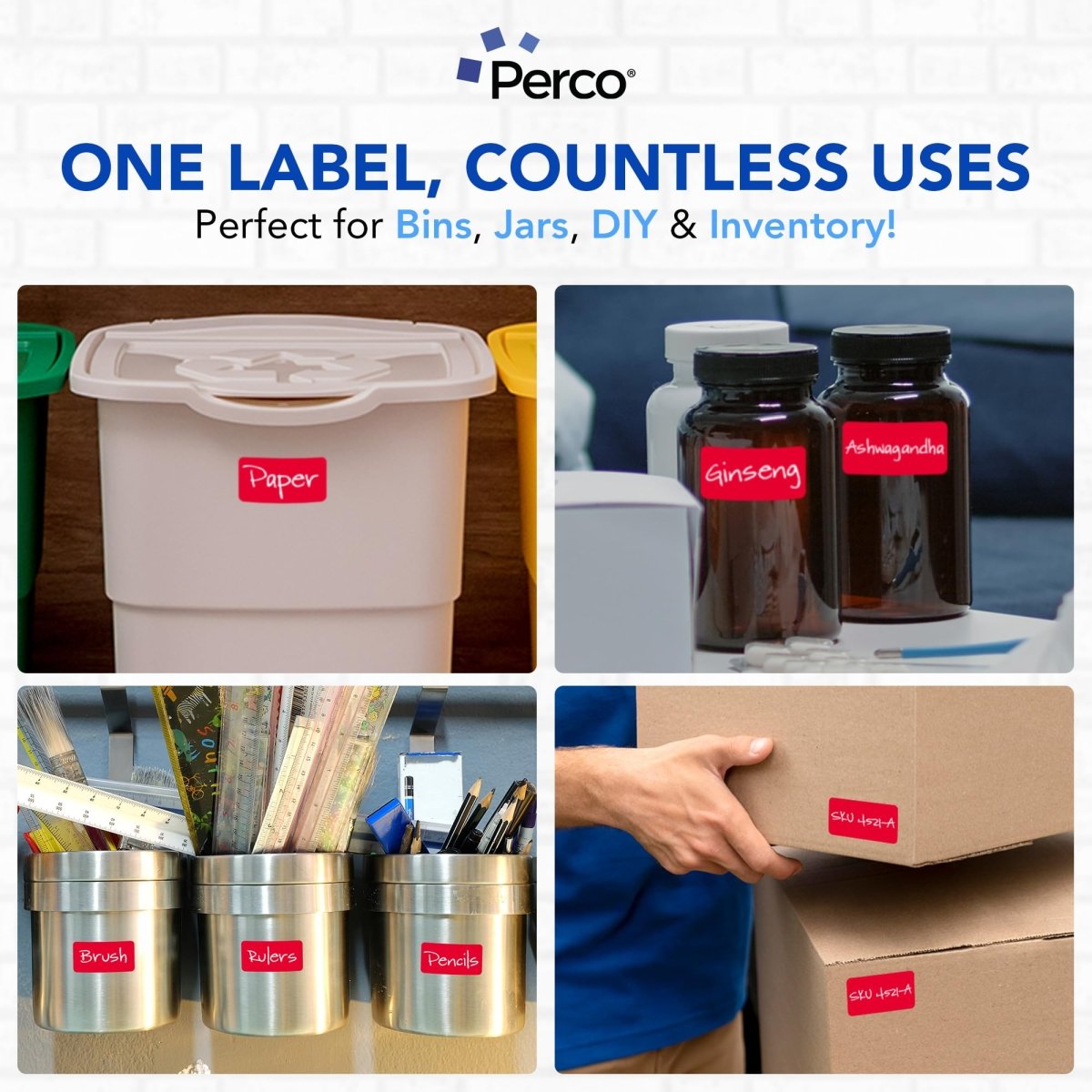 Perco 1x2 Inch Sticker Labels with Easy Peel Perforation—500 Stickers Per Roll — Strong Adhesion, Vibrant Colors for Folders, Barcodes, Jars & Bins in Office, Mailing, Inventory & Crafting—Made in USA - Red