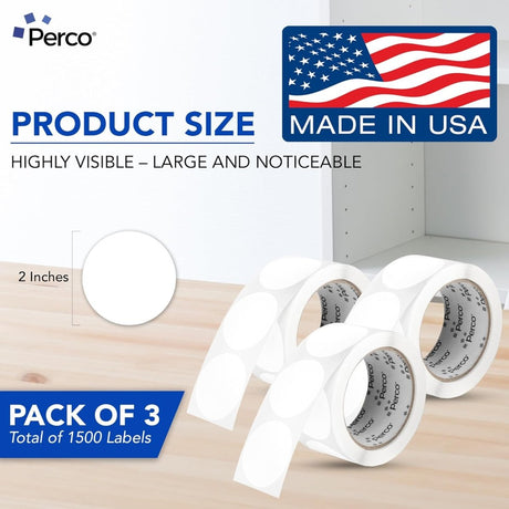 Perco 2 - Inch Round Circle Dot Sticker Labels – Easy Peel Perforation – Made in USA - White 3 Rolls / 500 Labels Each / 1500 Labels Total