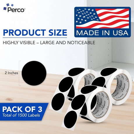 Perco 2 - Inch Round Circle Dot Sticker Labels – Easy Peel Perforation – Made in USA - Black 3 Rolls / 500 Labels Each / 1500 Labels Total