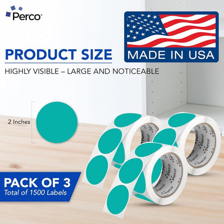 Perco 2 - Inch Round Circle Dot Sticker Labels – Easy Peel Perforation – Made in USA - Teal 3 Rolls / 500 Labels Each / 1500 Labels Total