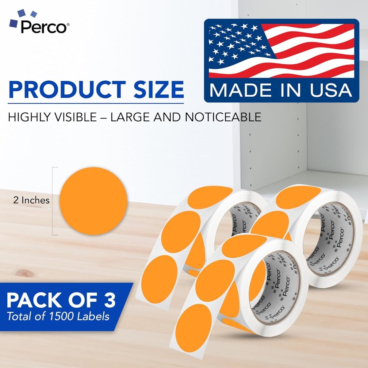 Perco 2 - Inch Round Circle Dot Sticker Labels – Easy Peel Perforation – Made in USA - Fluorescent Orange 3 Rolls / 500 Labels Each / 1500 Labels Total