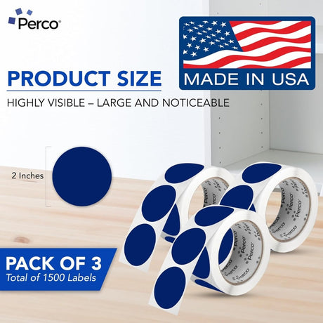 Perco 2 - Inch Round Circle Dot Sticker Labels – Easy Peel Perforation – Made in USA - Dark Blue 3 Rolls / 500 Labels Each / 1500 Labels Total