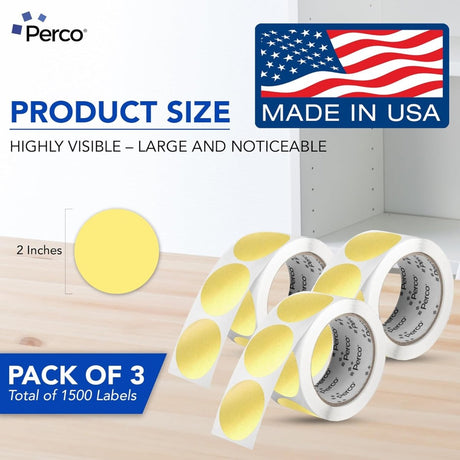 Perco 2 - Inch Round Circle Dot Sticker Labels – Easy Peel Perforation – Made in USA - Gold 3 Rolls / 500 Labels Each / 1500 Labels Total