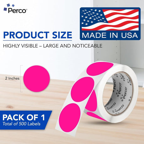 Perco 2 - Inch Round Circle Dot Sticker Labels – Easy Peel Perforation – Made in USA - Fluorescent Pink 1 Roll / 500 Labels Total