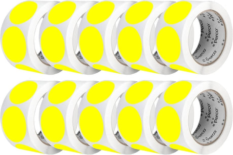 Perco 2 - Inch Round Circle Dot Sticker Labels – Easy Peel Perforation – Made in USA - Fluorescent Yellow 10 Rolls / 500 Labels Each / 5000 Labels Total