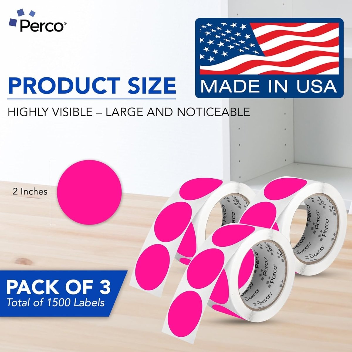 Perco 2 - Inch Round Circle Dot Sticker Labels – Easy Peel Perforation – Made in USA - Fluorescent Pink 3 Rolls / 500 Labels Each / 1500 Labels Total