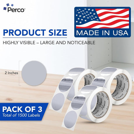 Perco 2 - Inch Round Circle Dot Sticker Labels – Easy Peel Perforation – Made in USA - Silver 3 Rolls / 500 Labels Each / 1500 Labels Total