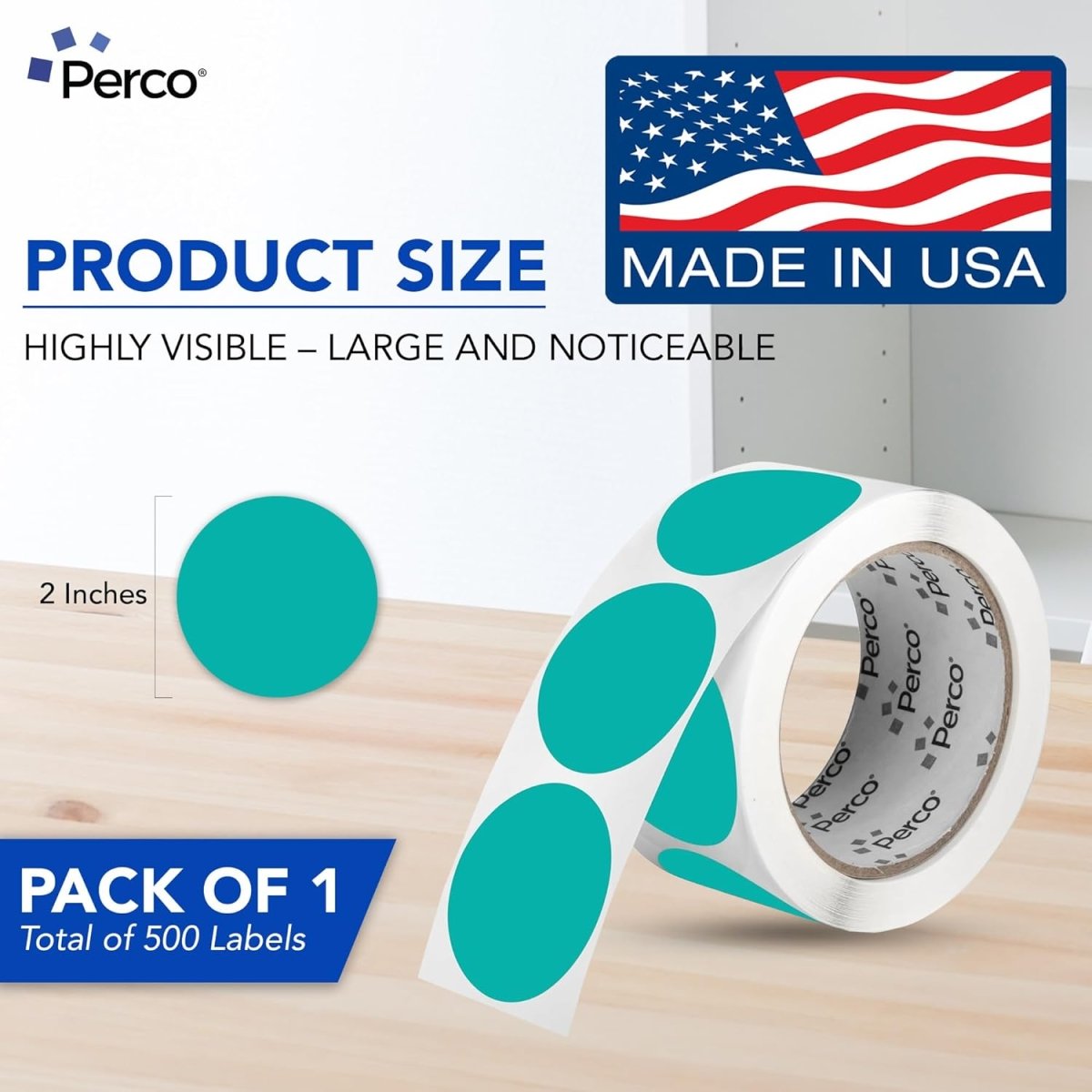Perco 2 - Inch Round Circle Dot Sticker Labels – Easy Peel Perforation – Made in USA - Teal 1 Roll / 500 Labels Total