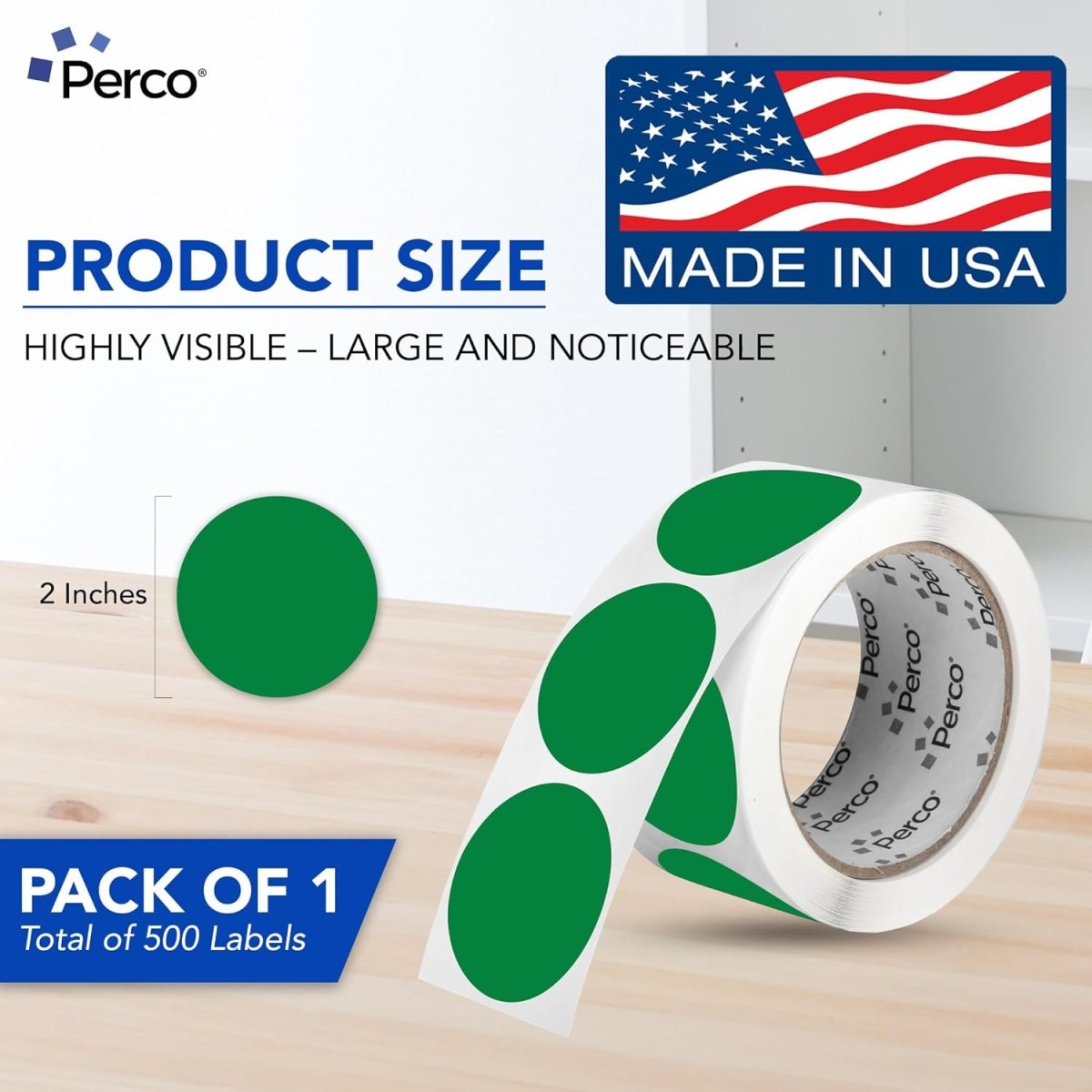 Perco 2 - Inch Round Circle Dot Sticker Labels – Easy Peel Perforation – Made in USA - Green 1 Roll / 500 Labels Total
