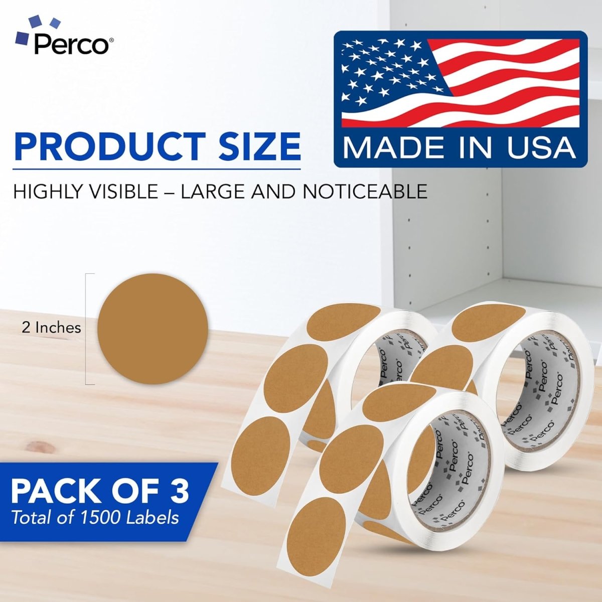 Perco 2 - Inch Round Circle Dot Sticker Labels – Easy Peel Perforation – Made in USA - Kraft Brown 3 Rolls / 500 Labels Each / 1500 Labels Total
