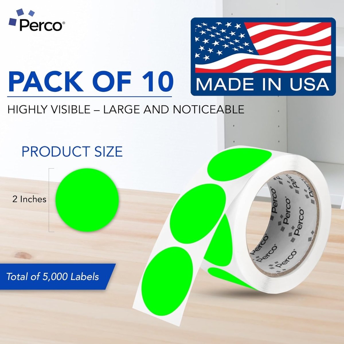 Perco 2 - Inch Round Circle Dot Sticker Labels – Easy Peel Perforation – Made in USA - Fluorescent Green 10 Rolls / 500 Labels Each / 5000 Labels Total