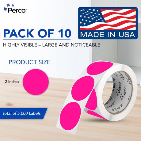 Perco 2 - Inch Round Circle Dot Sticker Labels – Easy Peel Perforation – Made in USA - Fluorescent Pink 10 Rolls / 500 Labels Each / 5000 Labels Total