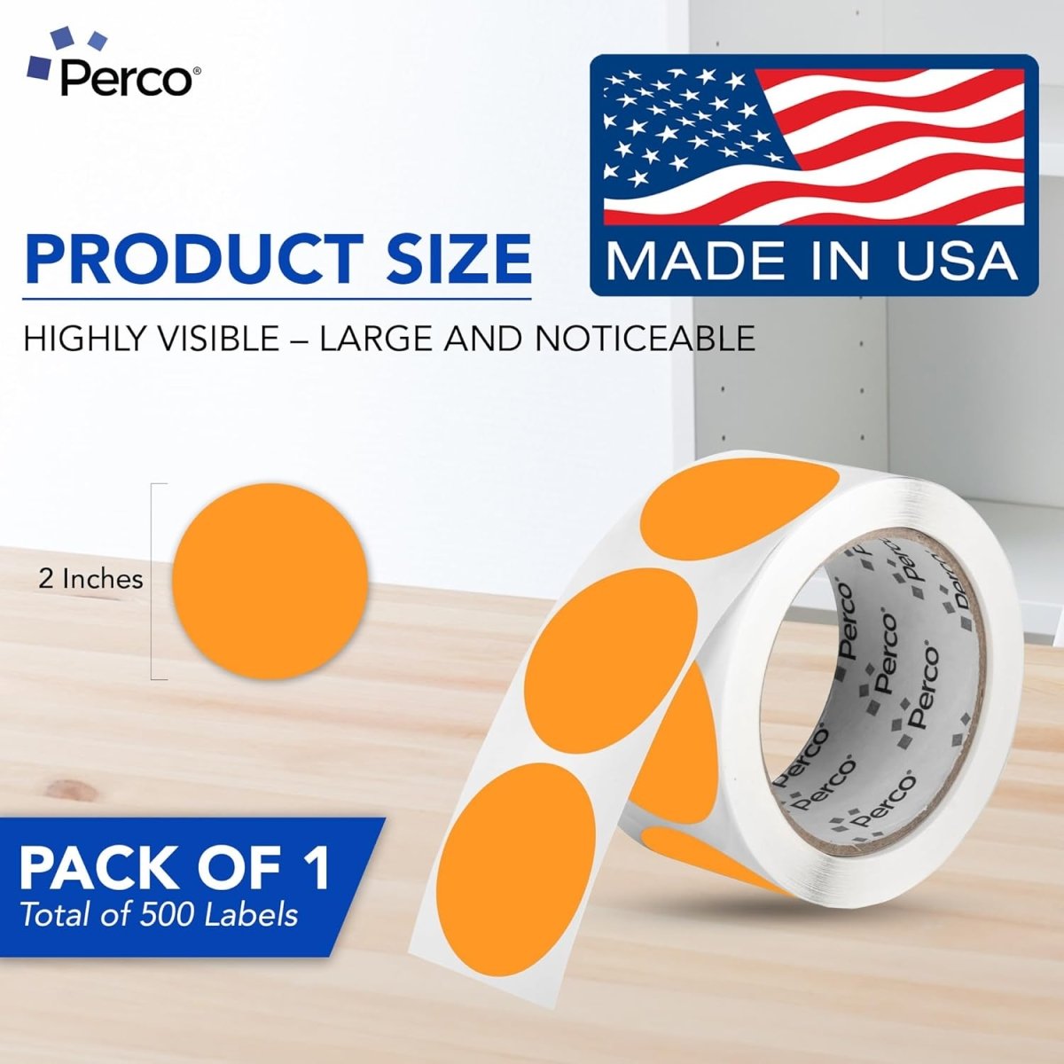 Perco 2 - Inch Round Circle Dot Sticker Labels – Easy Peel Perforation – Made in USA - Fluorescent Orange 1 Roll / 500 Labels Total