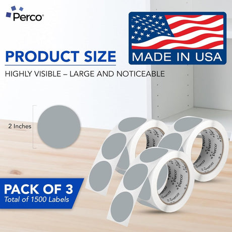 Perco 2 - Inch Round Circle Dot Sticker Labels – Easy Peel Perforation – Made in USA - Grey 3 Rolls / 500 Labels Each / 1500 Labels Total