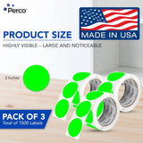 Perco 2 - Inch Round Circle Dot Sticker Labels – Easy Peel Perforation – Made in USA - Fluorescent Green 3 Rolls / 500 Labels Each / 1500 Labels Total