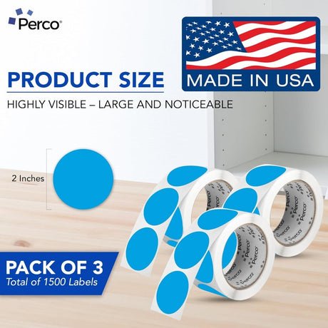 Perco 2 - Inch Round Circle Dot Sticker Labels – Easy Peel Perforation – Made in USA - Light Blue 3 Rolls / 500 Labels Each / 1500 Labels Total
