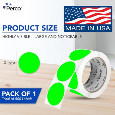 Perco 2 - Inch Round Circle Dot Sticker Labels – Easy Peel Perforation – Made in USA - Fluorescent Green 1 Roll / 500 Labels Total