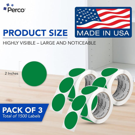 Perco 2 - Inch Round Circle Dot Sticker Labels – Easy Peel Perforation – Made in USA - Green 3 Rolls / 500 Labels Each / 1500 Labels Total