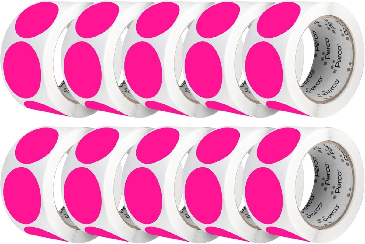 Perco 2 - Inch Round Circle Dot Sticker Labels – Easy Peel Perforation – Made in USA - Fluorescent Pink 10 Rolls / 500 Labels Each / 5000 Labels Total