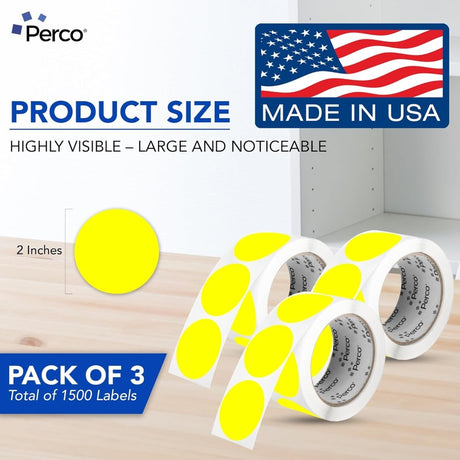 Perco 2 - Inch Round Circle Dot Sticker Labels – Easy Peel Perforation – Made in USA - Fluorescent Yellow 3 Rolls / 500 Labels Each / 1500 Labels Total