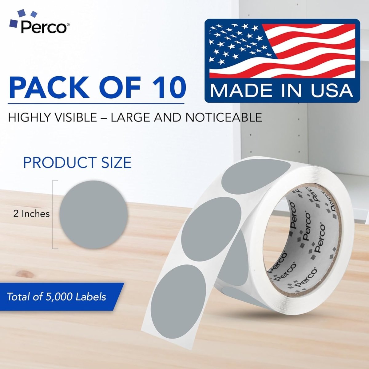 Perco 2 - Inch Round Circle Dot Sticker Labels – Easy Peel Perforation – Made in USA - Grey 10 Rolls / 500 Labels Each / 5000 Labels Total