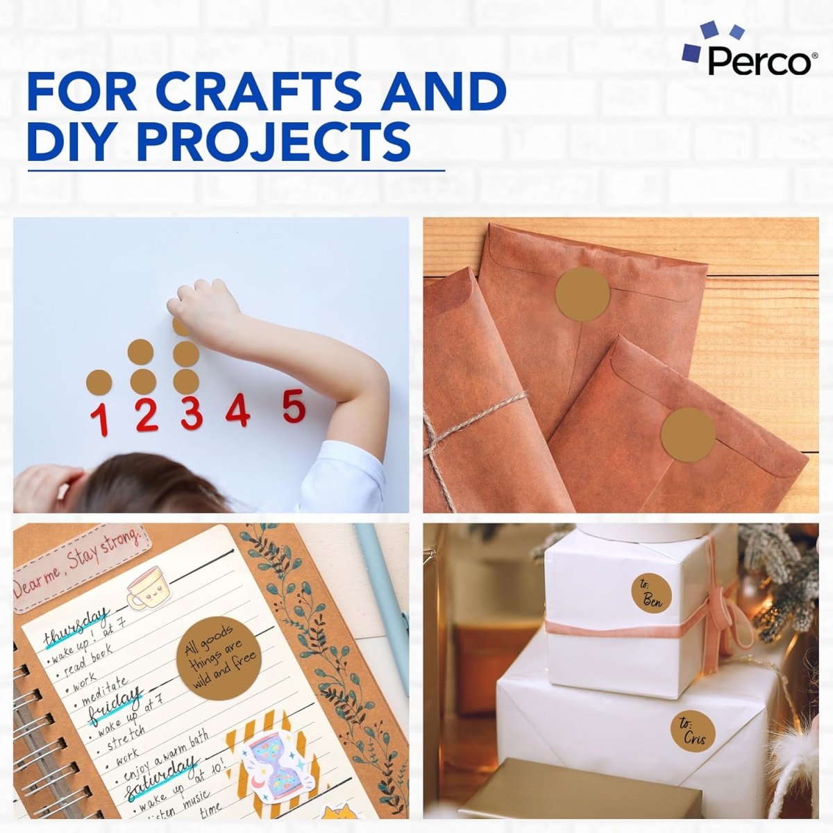 Perco 2 - Inch Round Circle Dot Sticker Labels – Easy Peel Perforation – Made in USA - Kraft Brown 3 Rolls / 500 Labels Each / 1500 Labels Total