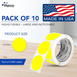 Perco 2 - Inch Round Circle Dot Sticker Labels – Easy Peel Perforation – Made in USA - Fluorescent Yellow 10 Rolls / 500 Labels Each / 5000 Labels Total