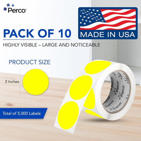 Perco 2 - Inch Round Circle Dot Sticker Labels – Easy Peel Perforation – Made in USA - Fluorescent Yellow 10 Rolls / 500 Labels Each / 5000 Labels Total
