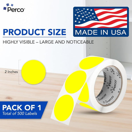 Perco 2 - Inch Round Circle Dot Sticker Labels – Easy Peel Perforation – Made in USA - Fluorescent Yellow 1 Roll / 500 Labels Total