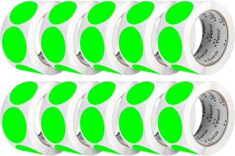Perco 2 - Inch Round Circle Dot Sticker Labels – Easy Peel Perforation – Made in USA - Fluorescent Green 10 Rolls / 500 Labels Each / 5000 Labels Total
