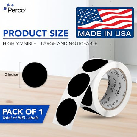 Perco 2 - Inch Round Circle Dot Sticker Labels – Easy Peel Perforation – Made in USA - Black 1 Roll / 500 Labels Total