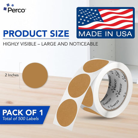Perco 2 - Inch Round Circle Dot Sticker Labels – Easy Peel Perforation – Made in USA - Kraft Brown 1 Roll / 500 Labels Total