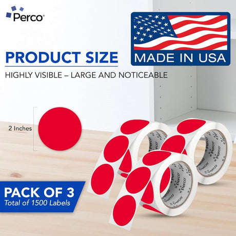Perco 2 - Inch Round Circle Dot Sticker Labels – Easy Peel Perforation – Made in USA - Red 3 Rolls / 500 Labels Each / 1500 Labels Total