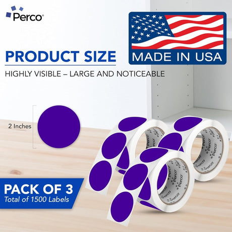 Perco 2 - Inch Round Circle Dot Sticker Labels – Easy Peel Perforation – Made in USA - Purple 3 Rolls / 500 Labels Each / 1500 Labels Total