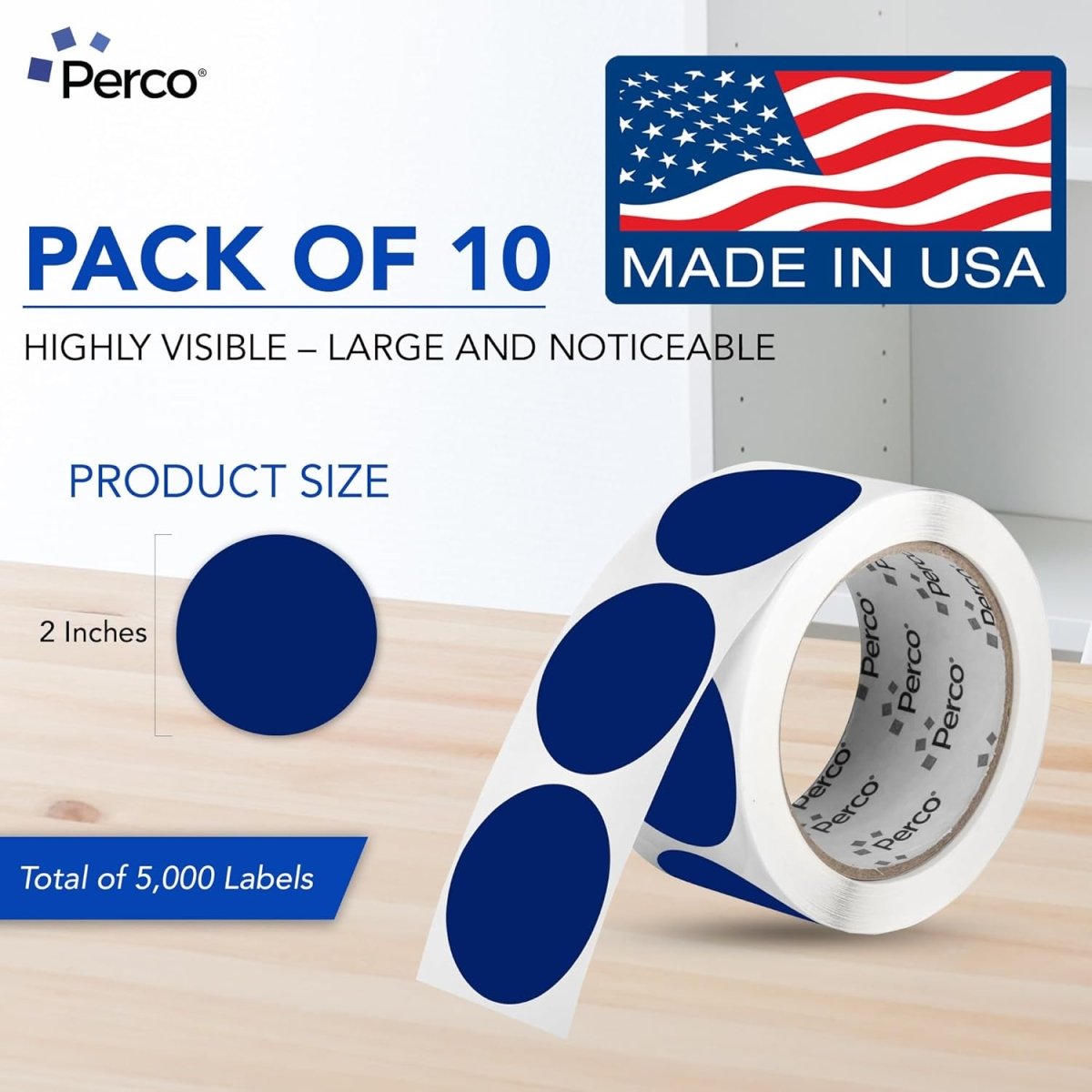 Perco 2 - Inch Round Circle Dot Sticker Labels – Easy Peel Perforation – Made in USA - Dark Blue 10 Rolls / 500 Labels Each / 5000 Labels Total