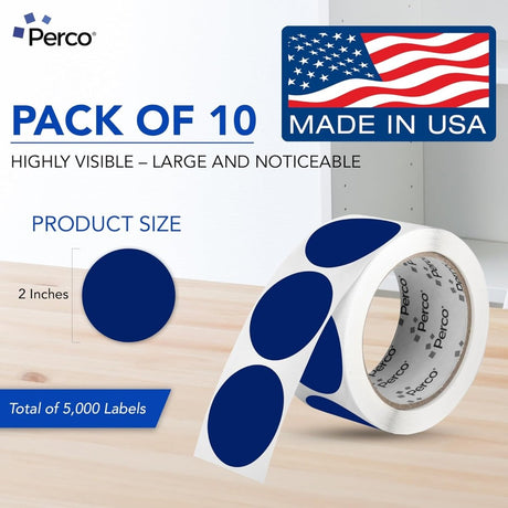 Perco 2 - Inch Round Circle Dot Sticker Labels – Easy Peel Perforation – Made in USA - Dark Blue 10 Rolls / 500 Labels Each / 5000 Labels Total