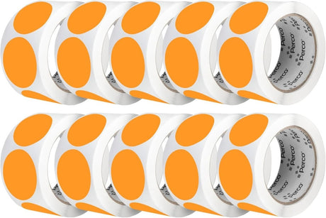 Perco 2 - Inch Round Circle Dot Sticker Labels – Easy Peel Perforation – Made in USA - Fluorescent Orange 10 Rolls / 500 Labels Each / 5000 Labels Total