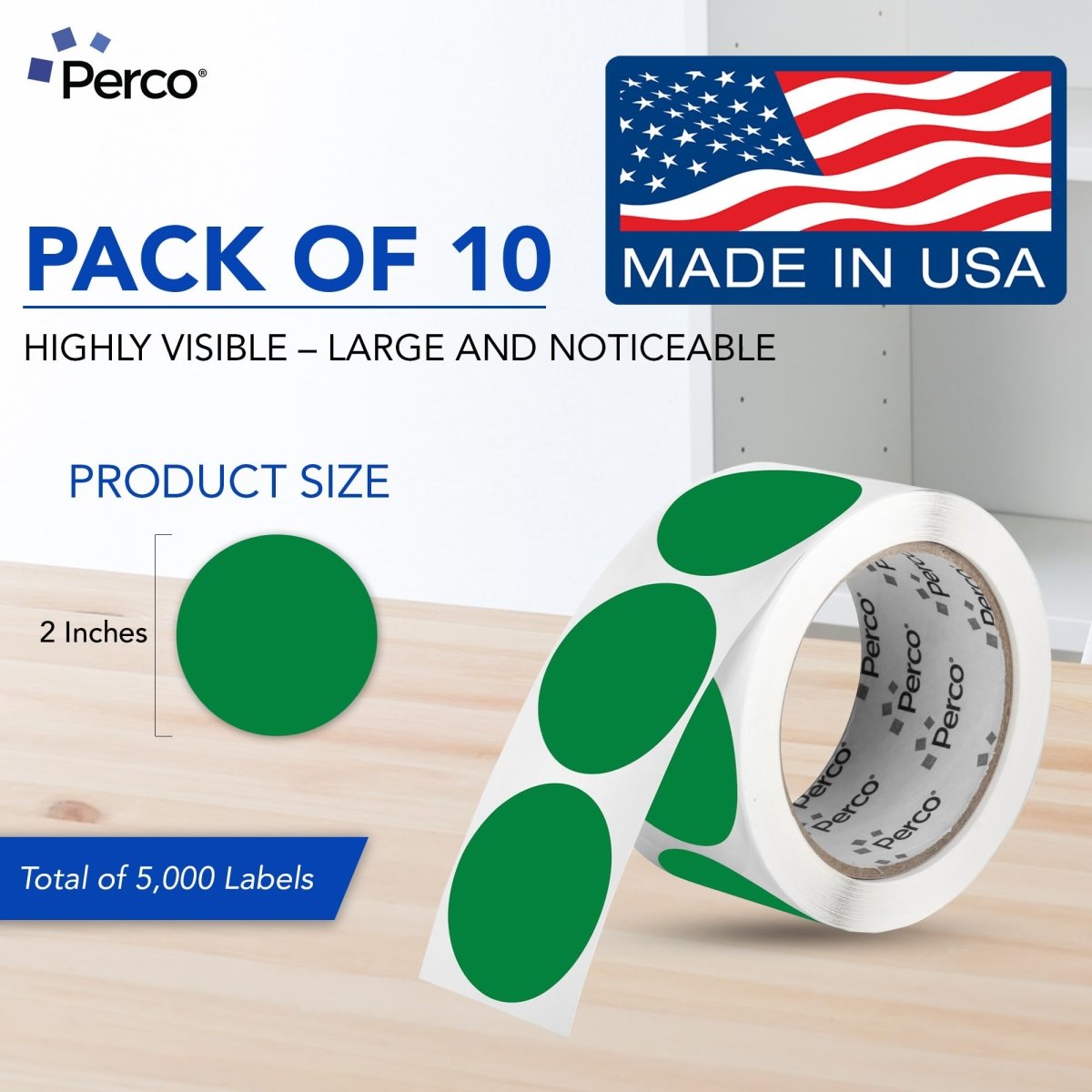 Perco 2 - Inch Round Circle Dot Sticker Labels – Easy Peel Perforation – Made in USA - Gold 10 Rolls / 500 Labels Each / 5000 Labels Total